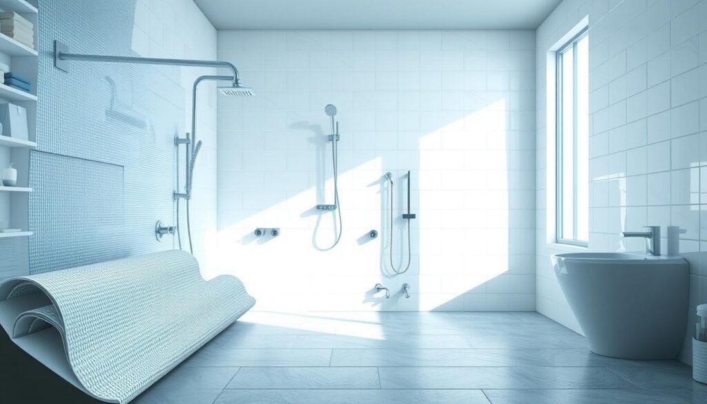 A brightly lit bathroom interior with a focus on the shower area. In the foreground, a detailed rendering of a water-resistant membrane being carefully applied to the walls, showcasing the intricate process of proper waterproofing. The middle ground features various plumbing fixtures and fittings, emphasizing the importance of a well-designed and functional layout. In the background, a partially tiled floor with a subtle gradient pattern, highlighting the seamless integration of the waterproofing system. The overall scene conveys a sense of professionalism, attention to detail, and the critical role that proper hydroizolacja plays in creating a reliable and long-lasting bathroom environment.