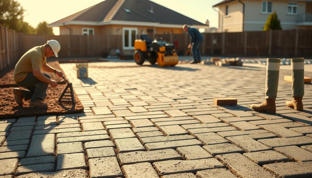 A construction site with workers laying down a paved surface made of interlocking concrete blocks. The foreground shows the careful placement of the pavers, with skilled laborers using tools to ensure a level and uniform finish. The middle ground depicts the site's machinery, including a small paver laying machine and a compactor, highlighting the technical aspects of the process. In the background, the outline of a residential or commercial building can be seen, providing context for the purpose of the pavement. The scene is illuminated by warm, natural sunlight, casting soft shadows and creating a sense of depth and texture. The overall atmosphere conveys the organized and methodical nature of the paving work, crucial for the successful construction of a sturdy and visually appealing surface.