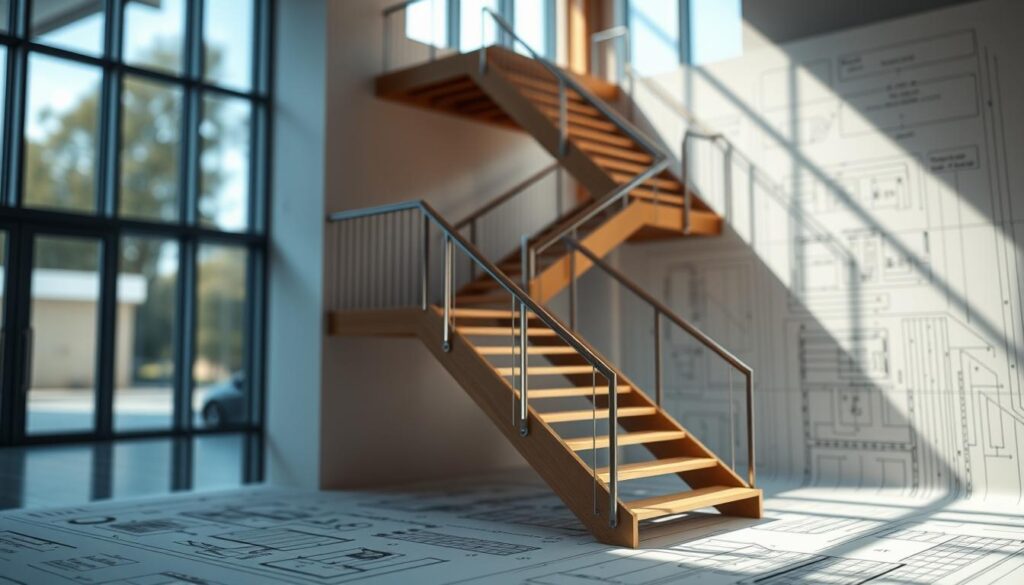 A detailed architectural blueprint of a staircase design, showcasing a well-engineered, modern, and visually appealing staircase. The staircase is positioned in the center of the frame, with a clean, minimalist aesthetic. The design features clean lines, a sleek railing system, and a combination of materials such as wood, steel, and glass, creating a harmonious and functional structure. The scene is illuminated by natural light streaming through large windows, casting subtle shadows and highlighting the intricate details of the staircase. The background is blurred, allowing the staircase to be the focal point, emphasizing its importance and purpose within the space.
