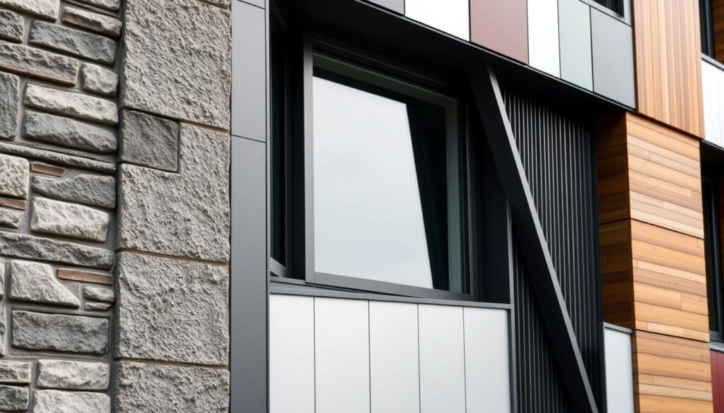 A detailed architectural facade with a focus on building materials and design. In the foreground, an array of textured surfaces, such as stone, brick, and metal panels, showcasing a variety of patterns and finishes. The middle ground features a sleek, modern window system with clean lines and minimalist framing. In the background, a complementary color palette of grays, whites, and accents of warm tones create a balanced and visually appealing composition. The lighting is soft and diffused, highlighting the tactile qualities of the materials and casting subtle shadows to add depth and dimension. The overall impression is one of thoughtful, well-crafted design that embodies the principles of ventilated facade systems.