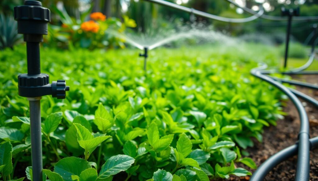 A lush, verdant garden with a meticulously designed irrigation system. In the foreground, a close-up view of a drip irrigation emitter, gently releasing water droplets onto the soil. The middle ground showcases a series of sprinkler heads, their arcs of water creating a gentle mist over the vibrant foliage. In the background, a network of flexible hoses and pipes winds through the garden, delivering water efficiently to every corner. Soft, diffused natural lighting highlights the intricate details of the system, conveying a sense of harmony between the technology and the natural environment. The overall scene embodies the essential role of irrigation in maintaining a thriving, well-watered garden.