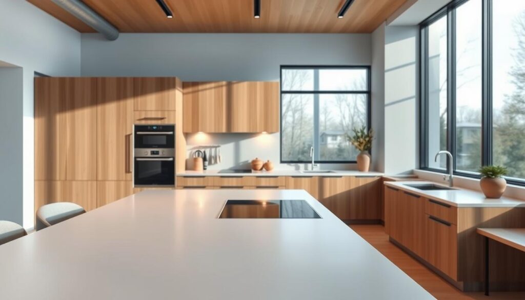 A modern, well-designed kitchen with an emphasis on ergonomics and efficiency. In the foreground, a sleek, minimalist kitchen island with a smooth, light-colored countertop and clean lines. In the middle ground, streamlined cabinetry in a warm, natural wood tone, strategically placed for easy access. The background features large windows that flood the space with natural light, creating a bright and airy atmosphere. The overall composition conveys a sense of harmony, functionality, and attention to detail, highlighting the importance of ergonomic design in the kitchen environment.