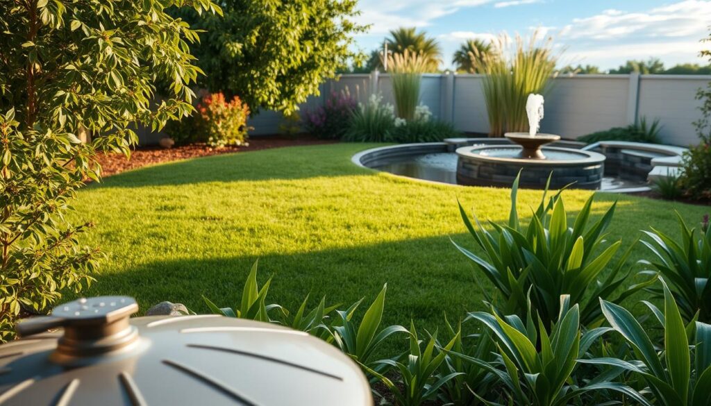 A serene backyard landscape with a well-designed rainwater collection system. In the foreground, a sleek rainwater harvesting tank blends harmoniously with the surrounding greenery. The middle ground features a lush, verdant lawn dotted with native plants, their leaves glistening with recent rainfall. In the background, a tranquil pond reflects the azure sky, its surface interrupted by the gentle flow of a recirculating water feature. Soft, diffused natural lighting creates a peaceful, inviting atmosphere, highlighting the integration of the water management system into the overall aesthetic of the outdoor space.