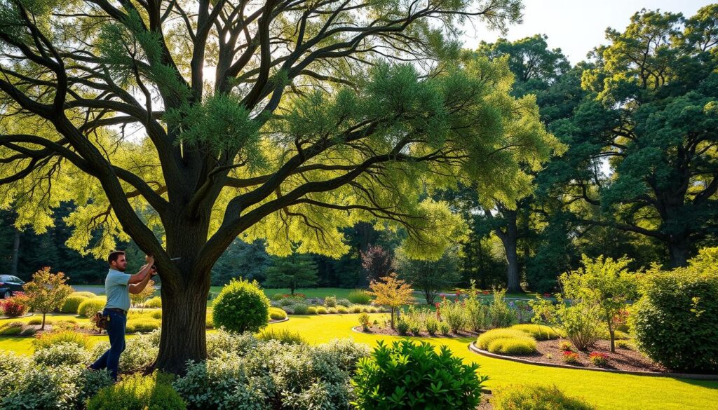 A serene garden landscape showcasing the art of tree care. In the foreground, a skilled arborist gently prunes the branches of a flourishing oak tree, meticulously shaping its canopy. The middle ground features a diverse array of lush shrubs and smaller trees, their vibrant foliage illuminated by soft, diffused sunlight filtering through the overhead canopy. In the background, a verdant backdrop of mature trees frames the scene, their sturdy trunks and sprawling boughs conveying a sense of harmony and balance. The overall atmosphere is one of tranquility and reverence for the natural world, capturing the essence of responsible tree stewardship.