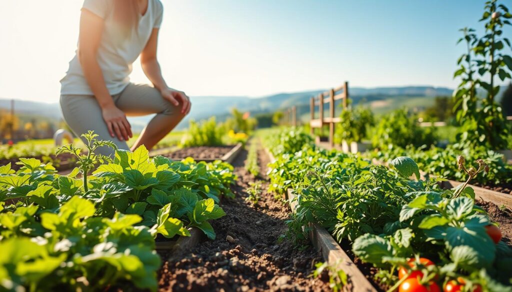 A sunlit garden bursting with vibrant vegetables, herbs, and flowers. In the foreground, a person kneeling among the lush greenery, hands in the soil, connecting with the earth. Behind them, neatly arranged raised garden beds overflow with an abundance of fresh produce. The middle ground features a variety of plants, each contributing its own health benefits - leafy greens, vibrant tomatoes, fragrant herbs. In the background, a tranquil scene of rolling hills and a clear blue sky, creating a serene and restorative atmosphere. Soft natural lighting filters through, casting a warm glow over the entire scene. The overall impression is one of balance, wellness, and the inherent joys of cultivating one's own nourishing bounty.
