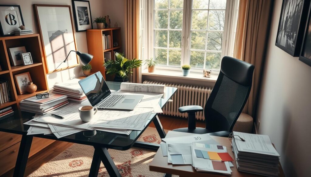 A well-lit, cozy home office with a designer desk, ergonomic chair, and tasteful decor. Stacks of architectural plans, design sketches, and color swatches are spread out, indicating an ongoing home renovation project. A large window floods the space with natural light, casting warm, diffused shadows. On the desk, a laptop and cup of coffee suggest a focused, productive atmosphere. The overall scene conveys a sense of thoughtful planning and organization, reflecting the careful consideration required for a successful home renovation.