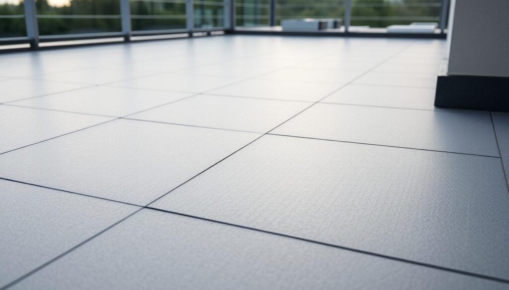 Hydroizolacja tarasów i balkonów: a detailed view of a modern terrace or balcony with a seamless, waterproof membrane covering the surface. The material has a smooth, sleek appearance, creating a visually appealing and functional surface. The lighting is soft and diffused, highlighting the texture and sheen of the hydroizolation layer. The angle showcases the integration of the membrane with the surrounding architectural elements, such as railings or tiles, demonstrating a well-designed and integrated system. The overall mood is one of tranquility, elegance, and attention to detail, reflecting the importance of proper waterproofing for these outdoor living spaces.
